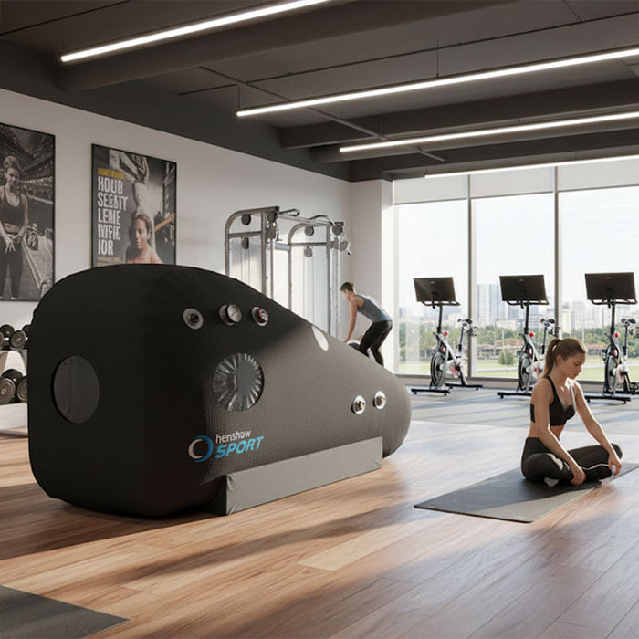 Henshaw Recline XL Sport Hyperbaric Chamber installed in a professional gym setting with a woman preparing for recovery.