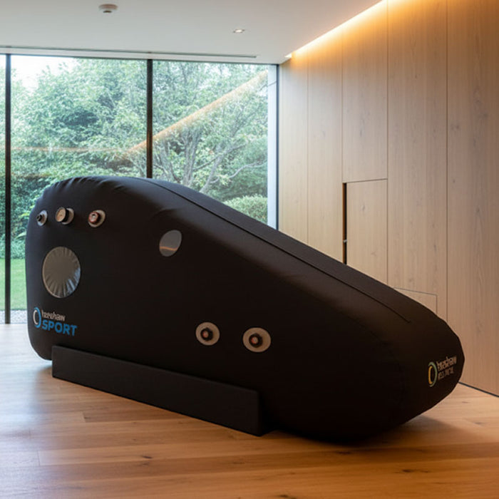 Calm recovery setting with woman seated next to the Henshaw Recline XL Sport Hyperbaric Oxygen Chamber in a private wellness room.