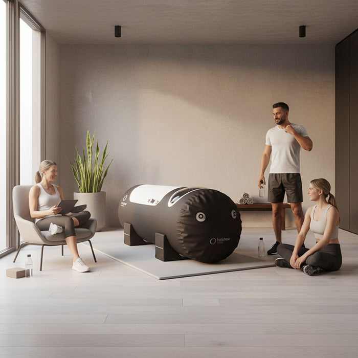 Stylish Henshaw Solo Hyperbaric Oxygen Chamber in a bright wellness space with natural light, perfect for relaxation and holistic recovery.