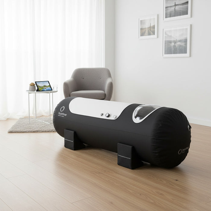 Henshaw Solo Hyperbaric Oxygen Chamber set in a modern gym space, ideal for athletic recovery, sports therapy, and wellness enhancement.