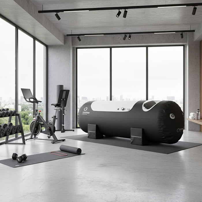 Henshaw Solo Hyperbaric Oxygen Chamber set in a modern gym space, ideal for athletic recovery, sports therapy, and wellness enhancement.