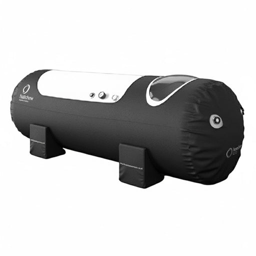 Isolated product view of the Henshaw Solo Hyperbaric Oxygen Chamber highlighting its compact, user-friendly cylindrical build and control gauges.