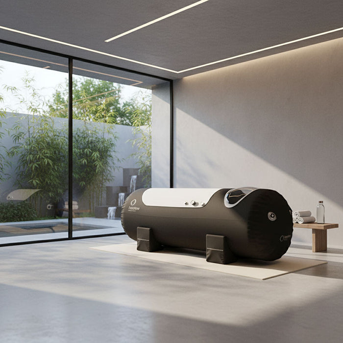 Henshaw Solo Hyperbaric Chamber in a luxury spa-like environment with garden view, promoting deep relaxation and enhanced oxygen therapy.