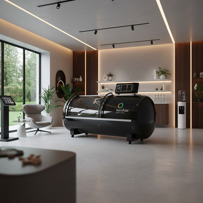 Henshaw XL Pro Hyperbaric Oxygen Chamber in a bright contemporary home, positioned beside a chaise lounge and large windows for a luxurious wellness experience.