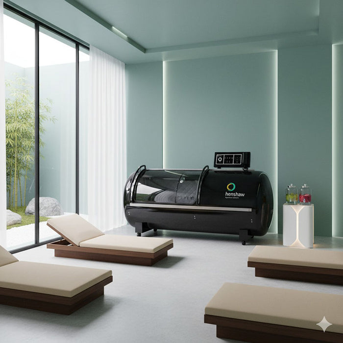 Henshaw XL Pro Hyperbaric Oxygen Chamber in a minimalist spa room with natural light and cushioned loungers, designed for serene and effective oxygen therapy experiences.