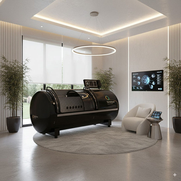 Henshaw XL Pro Hyperbaric Oxygen Chamber showcased in a sleek modern office or tech environment, blending cutting-edge therapy with stylish interiors.