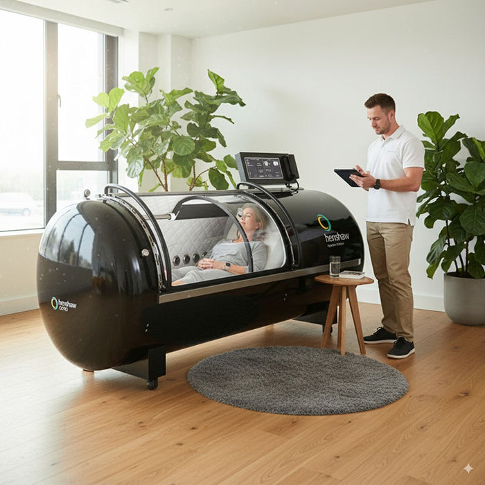 Henshaw XL Pro Hyperbaric Oxygen Chamber in use, featuring a woman inside the chamber and a wellness technician monitoring progress, ideal for clinical and personal health settings.