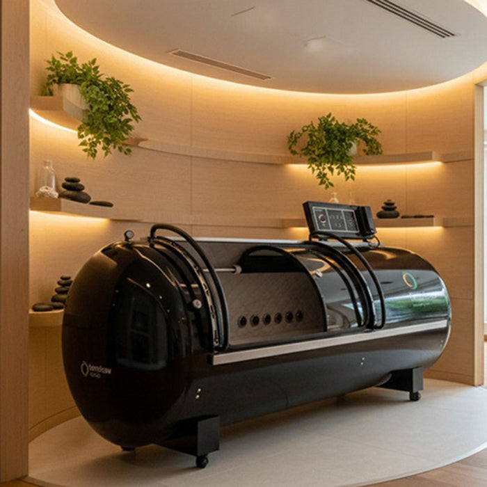 Henshaw XL Pro Hyperbaric Oxygen Chamber placed in a softly lit wood-panelled spa setting, enhancing tranquillity and comfort for rejuvenating oxygen therapy sessions.