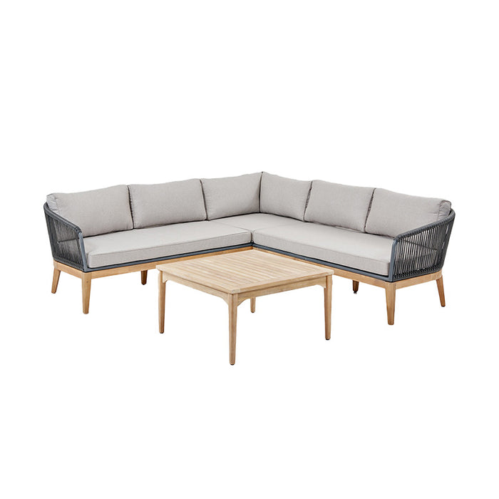 Honolulu Outdoor Corner Set displayed against a white background, highlighting the grey cushions and acacia wood frame.