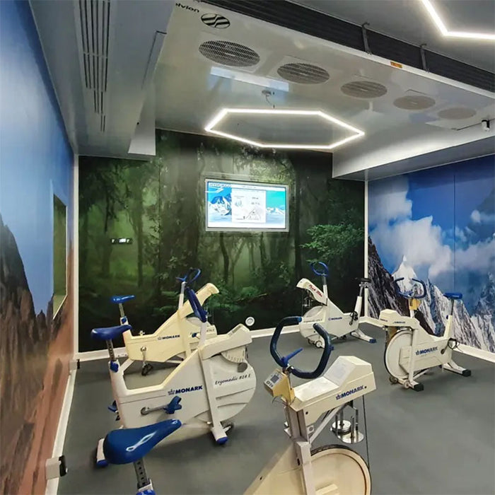Hypoxico Full Climate Hypoxic Chamber interior showing multiple Monark exercise bikes, mixed forest and mountain murals, hexagonal LED lighting, and wall-mounted data monitor.