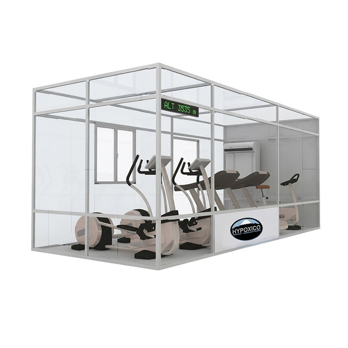 Hypoxico Hypoxic Altitude Chamber branded exhibition stand at a sports trade show, aluminium frame with clear panels displaying Hypoxico branding on all four sides, cardio equipment inside.