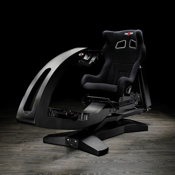 Front angled view of the ImSim ALMA racing simulator featuring ergonomic racing seat and sturdy simulator frame.