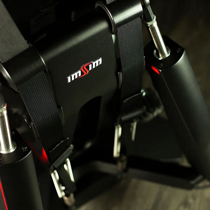 Close-up of the ImSim ALMA racing simulator seat harness system with heavy-duty racing straps and hardware.
