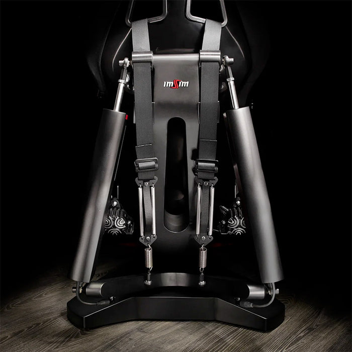 Rear view of the ImSim ALMA racing simulator showing twin harness straps and motion actuator assembly.