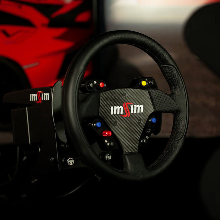 Close-up of the ImSim ALMA racing simulator steering wheel with performance controls and premium racing design.