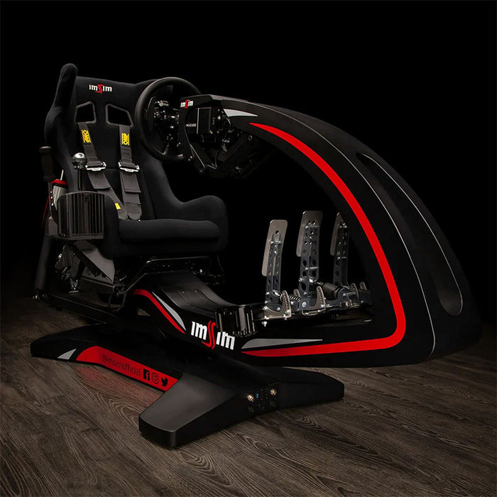 Three-quarter view of the ImSim ALMA racing simulator featuring racing pedals, steering wheel and premium cockpit frame.