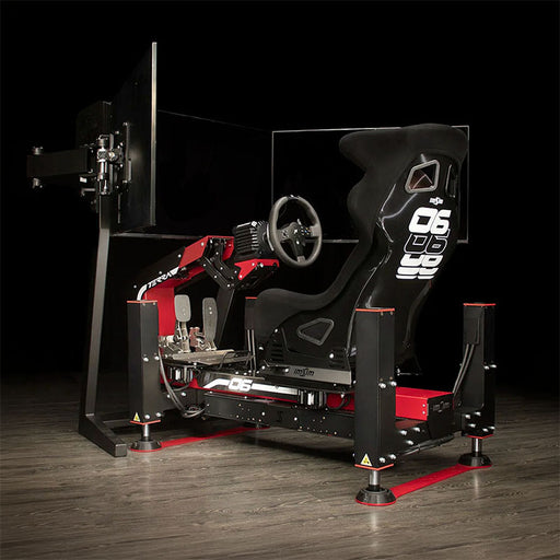ImSim TERRA racing simulator cockpit with integrated monitor stand, bucket seat, steering wheel and pedal platform in red and black finish.