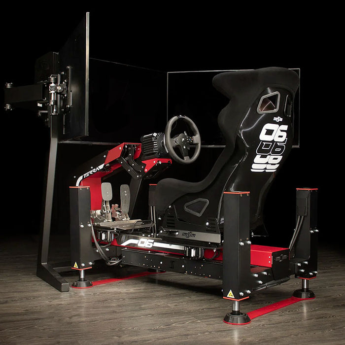 ImSim TERRA racing simulator cockpit with integrated monitor stand, bucket seat, steering wheel and pedal platform in red and black finish.