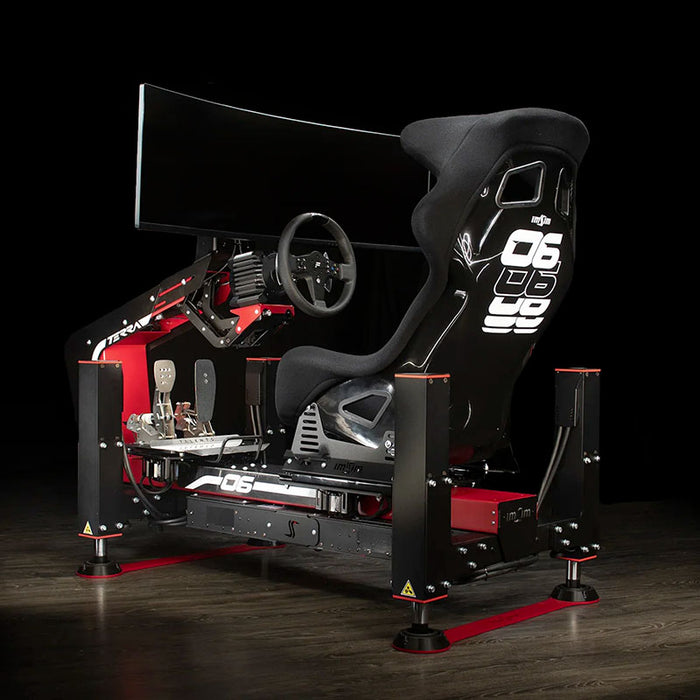 ImSim TERRA sim racing cockpit featuring bucket seat, direct drive wheel mount and pedal platform with ultra-wide monitor support.