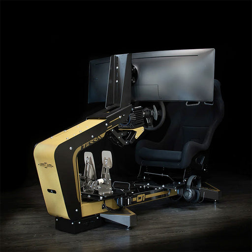 ImSim TERRA racing simulator with dual curved monitors, racing seat, steering wheel and aluminium pedal set in a premium sim racing cockpit.
