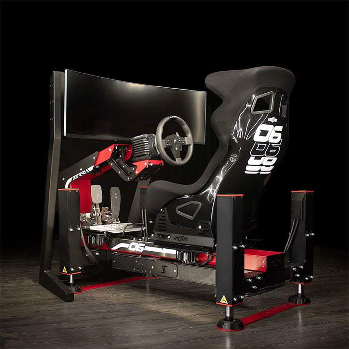 ImSim TERRA professional racing simulator with ultra-wide monitor mount, racing seat, steering wheel and adjustable pedal assembly, front three-quarter view.