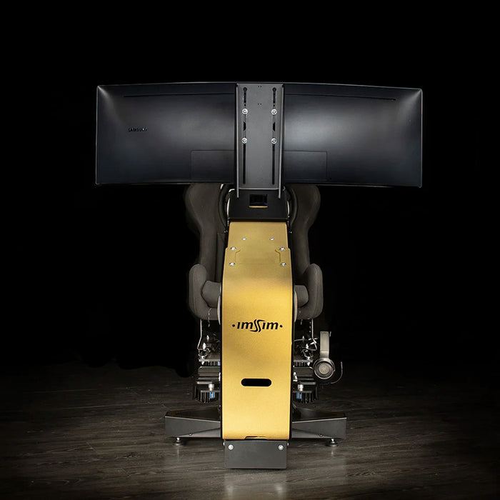 Rear view of the ImSim TERRA racing simulator displaying ultra-wide monitor mount, cockpit frame and premium racing simulator chassis.