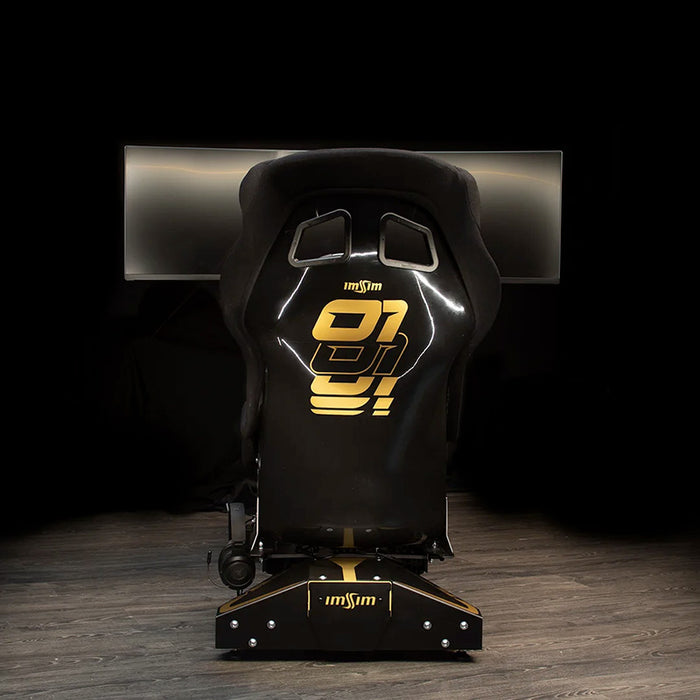 Rear view of the ImSim TERRA racing simulator seat with integrated ultra-wide monitor mount and premium sim racing cockpit design.