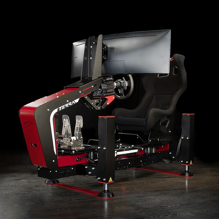 Rear three-quarter view of the ImSim TERRA racing simulator showing monitor mount, racing cockpit frame and integrated seating system.