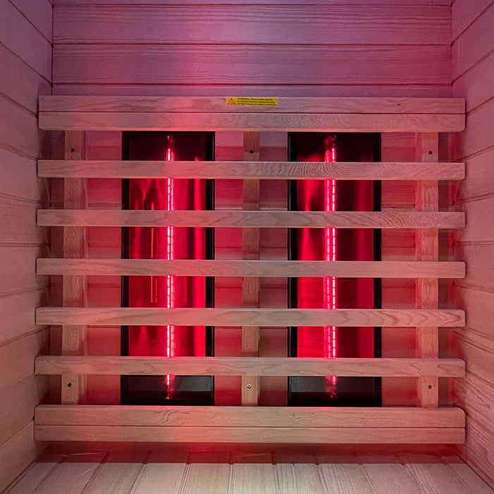 Close-up of the back heaters inside the Insignia KY001 Infrared Indoor Sauna, showing the red glow of the infrared technology.