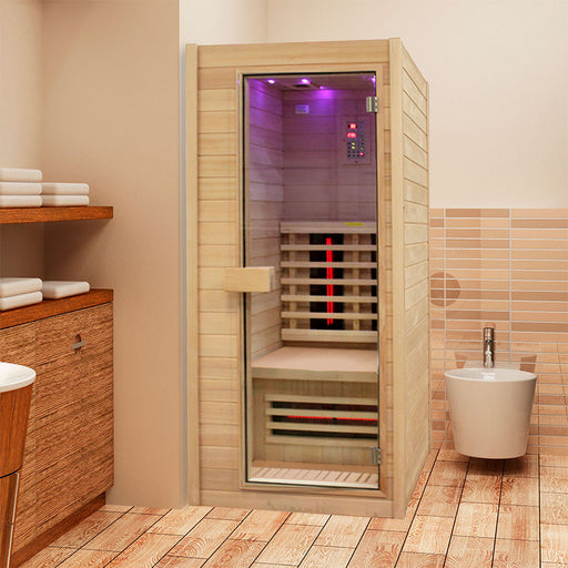 Insignia KY001 Infrared Indoor Sauna 900x900 in a modern bathroom setting, showing its compact design and elegant wood finish with glass door.