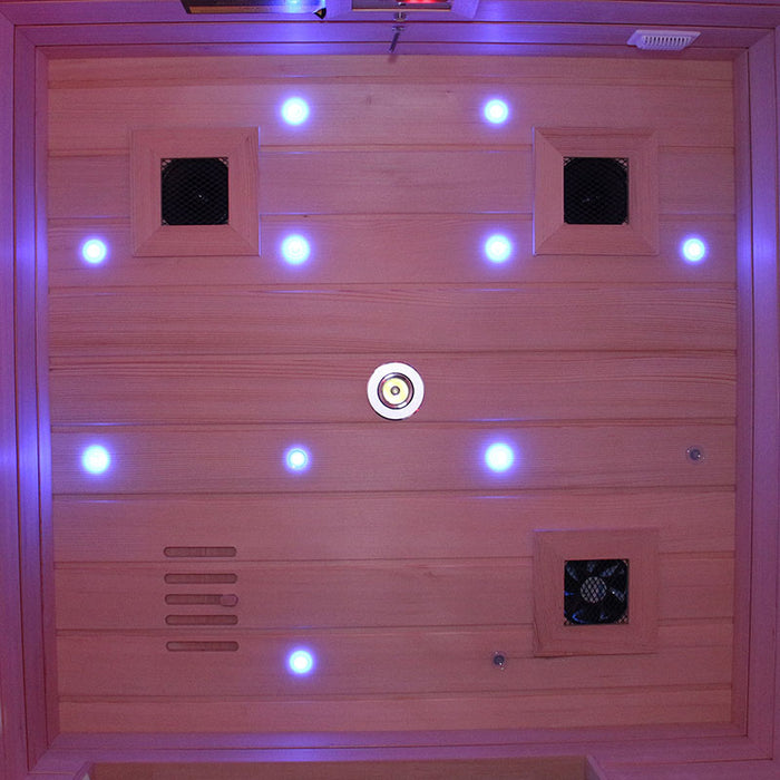 Roof view of the Insignia KY001 Infrared Indoor Sauna, featuring embedded LED lights and ventilation for optimal airflow.