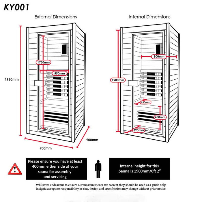 Technical schematics of the Insignia KY001 Infrared Indoor Sauna 900x900, showing both internal and external dimensions for easy installation.