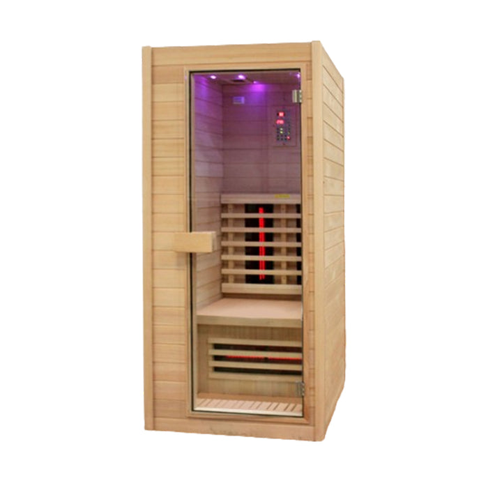 Insignia KY001 Infrared Indoor Sauna 900x900 with white background, highlighting the full structure and sleek front glass door.