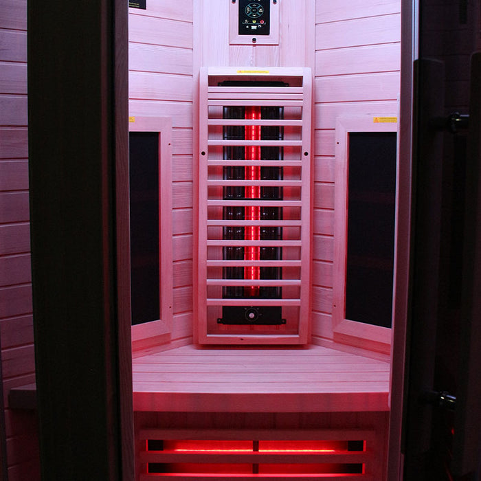 View of the doorway of the Insignia KY003 Infrared Indoor Sauna 1000 x 1000mm, featuring a solid handle and clear tempered glass door for a sleek, modern look.