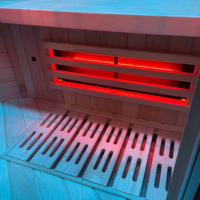 Close-up of the leg heater in the Insignia KY003 Infrared Indoor Sauna 1000 x 1000mm, providing targeted warmth for added comfort during your sauna sessions.