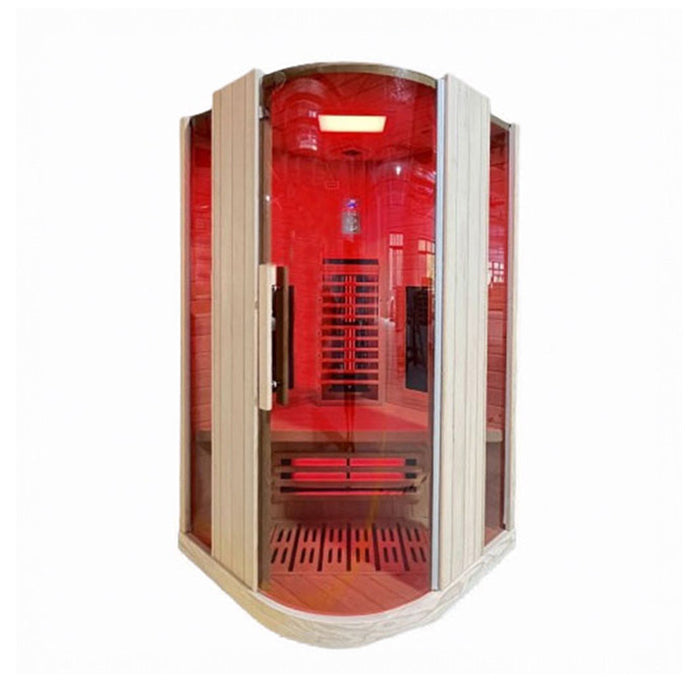 Front view of the Insignia KY003 Infrared Indoor Sauna 1000 x 1000mm against a white background, highlighting its sleek design, premium Canadian Spruce build, and glowing red LED chromotherapy lighting.