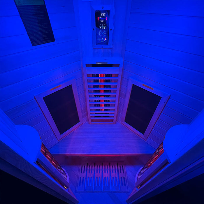 Wide angle interior view of the Insignia KY003 Infrared Indoor Sauna 1000 x 1000mm, featuring comfortable seating, multiple infrared heaters, and calming chromotherapy lighting.