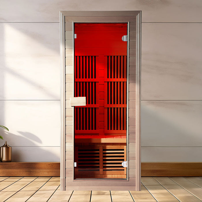 The Insignia KY004 Infrared Indoor Sauna 900 x 900 displayed in a stylish indoor setting, showcasing its elegant design and LED lighting through the tempered glass door.