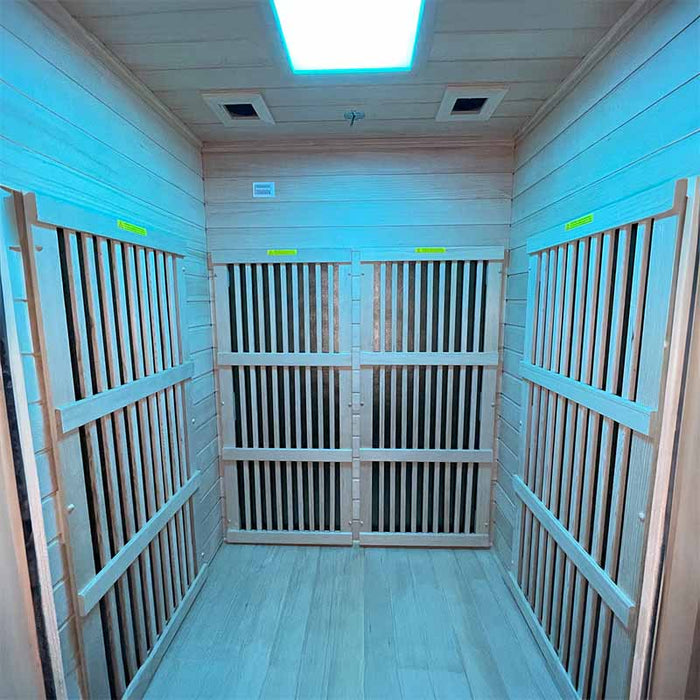 Front interior view of the Insignia KY004 Infrared Indoor Sauna 900 x 900, featuring soothing blue Chromotherapy mood lighting.