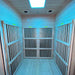 Front interior view of the Insignia KY004 Infrared Indoor Sauna 900 x 900, featuring soothing blue Chromotherapy mood lighting.