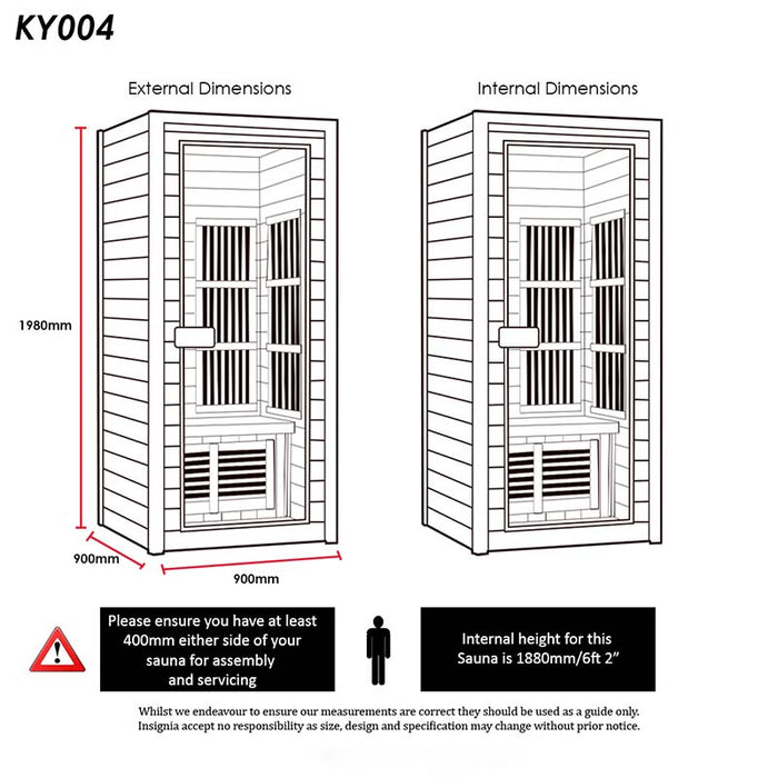 Technical schematic diagram of the Insignia KY004 Infrared Indoor Sauna 900 x 900, detailing its dimensions and layout.