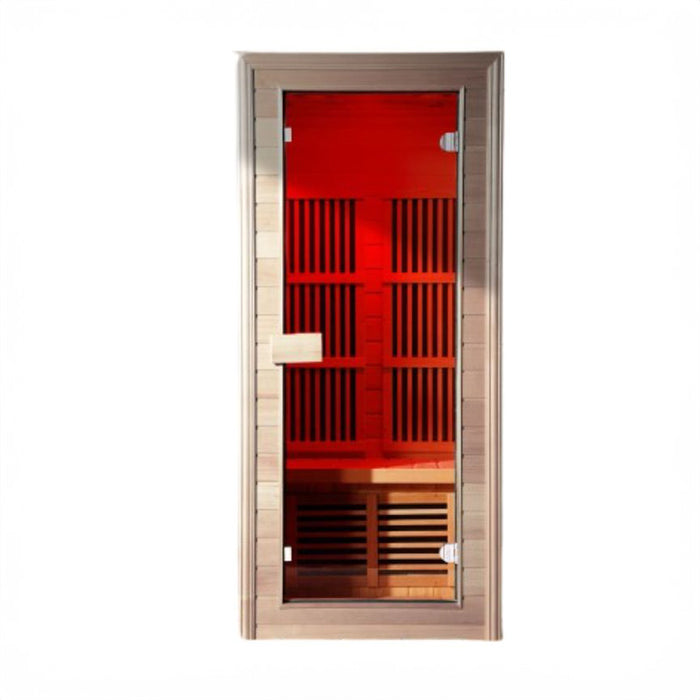 Front view of the Insignia KY004 Infrared Indoor Sauna 900 x 900 with a clean, white background highlighting its sleek design and compact dimensions.