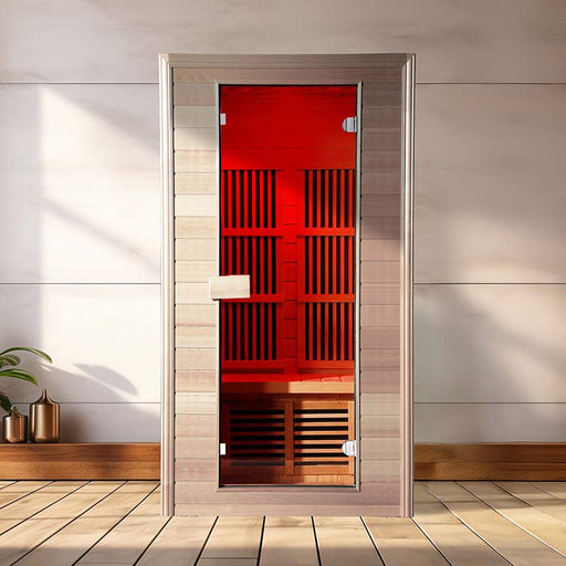 Stylish home infrared sauna setup in a modern indoor setting, highlighting the compact design of the KY005 sauna.