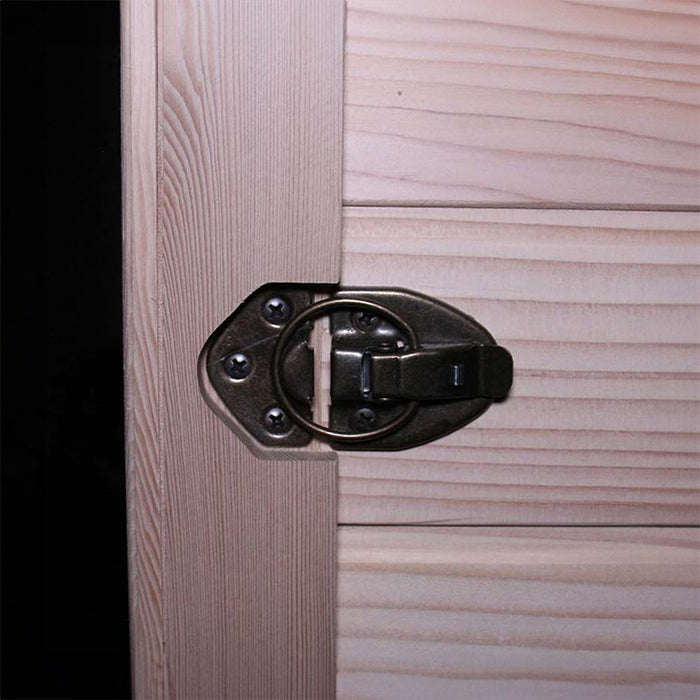 Detailed view of the latch on the KY005 Infrared Sauna, highlighting the sturdy construction and quality craftsmanship.