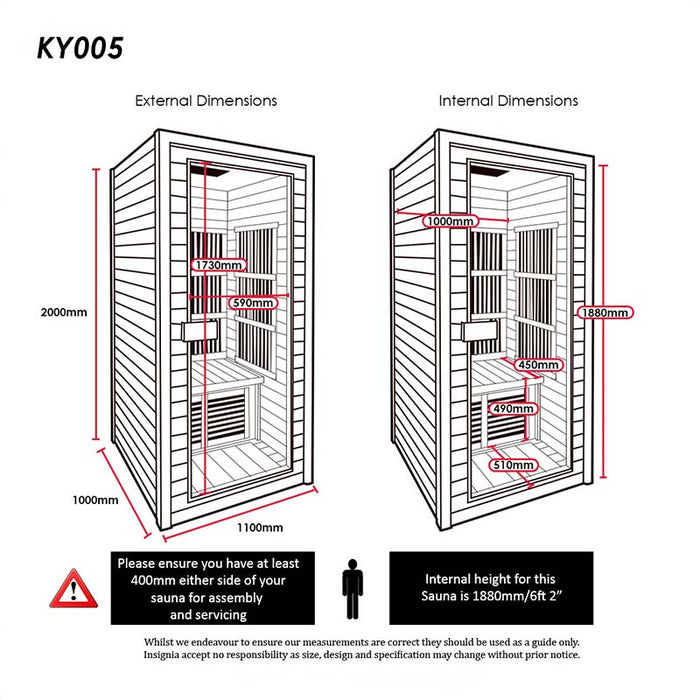 Detailed schematic showing external and internal dimensions of the KY005 Infrared Sauna, highlighting the compact design and space requirements for assembly.