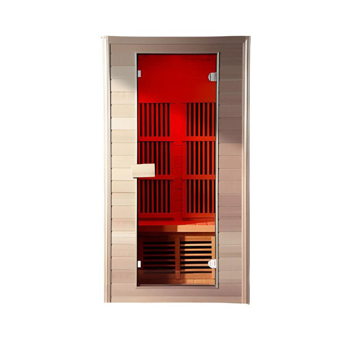 Front view of the KY005 Infrared Sauna against a white background, showcasing its clean design and inviting red interior.