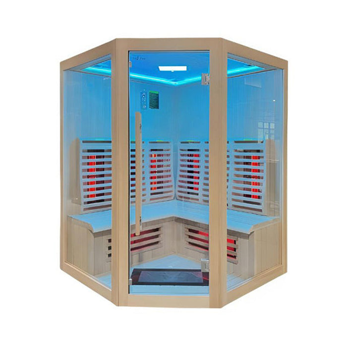 Front view of the Insignia KY006 Infrared Indoor Sauna, highlighting its premium Canadian Spruce construction and advanced infrared heaters with LED Chromotherapy lighting.