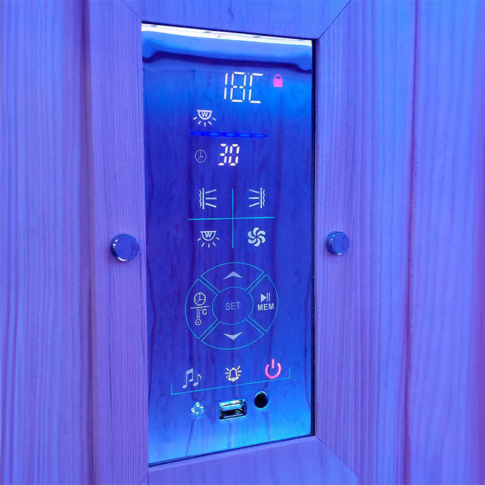 Detailed view of the digital control panel in the Insignia KY006 Infrared Indoor Sauna, featuring touch-sensitive controls for a customised sauna experience.