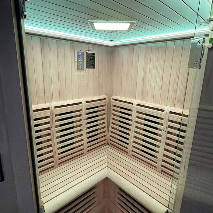 Entrance of the Insignia KY006 Infrared Indoor Sauna, featuring a glass door with magnetic closure and a sleek, modern design.