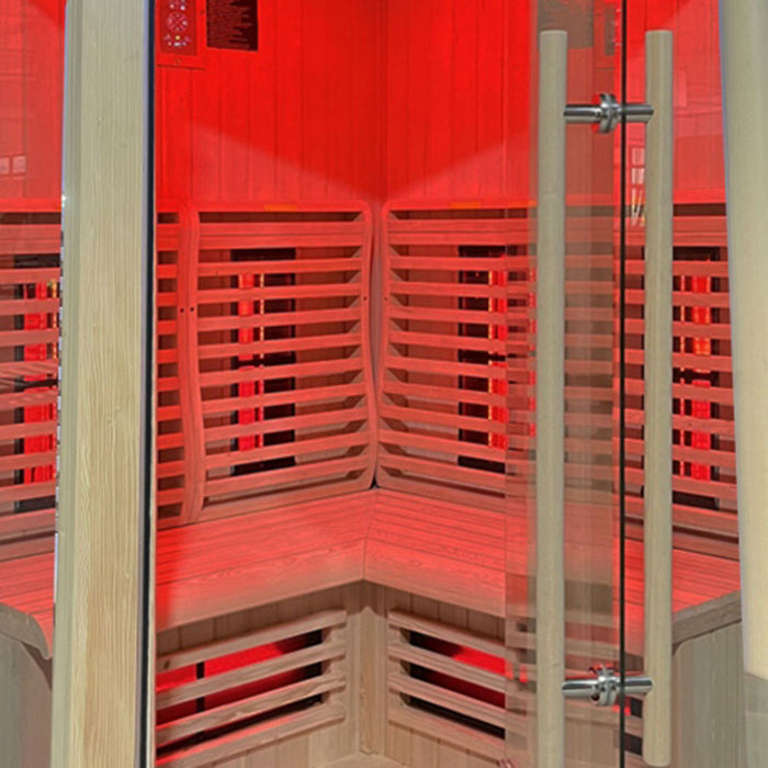 Front glass entry of the Insignia KY006 1300 x 1300 Infrared Sauna showcasing its spacious wooden corner bench and vertical heater panels.
